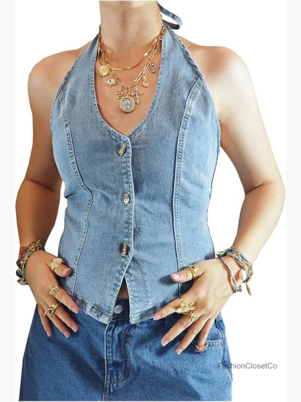 Sleeveless Denim Halter Top Crop Vest Backless Tie Back Button Down Jean Vest